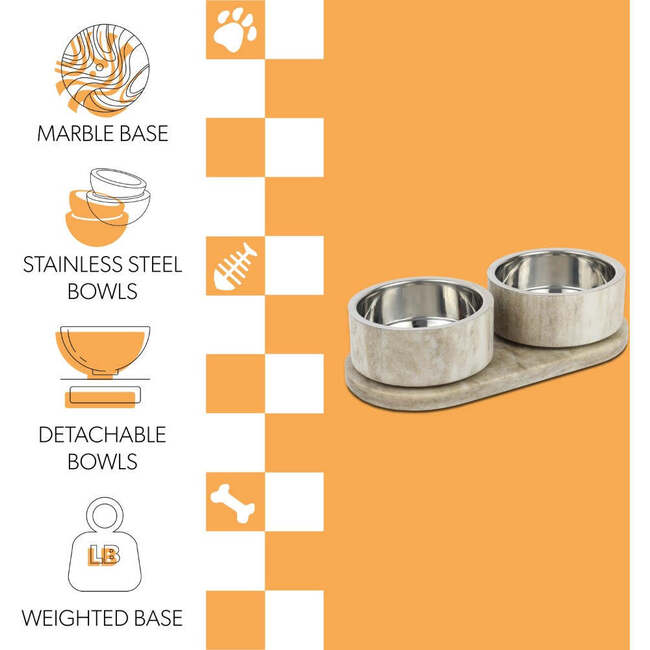 Marbre Modern Weighted Double Marble and Stainless Steel Bowl 12oz (1.5 Cups) Feeder with Non-Slip Marble Tray Set, Gray/Brown - Pet Bowls & Feeders - 4