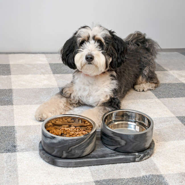 Marbre Modern Weighted Double Marble and Stainless Steel Bowl 12oz (1.5 Cups) Feeder with Non-Slip Marble Tray Set, Black/White