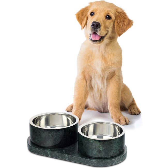 Marbre Modern Weighted Double Marble and Stainless Steel Bowl 12oz (1.5 Cups) Feeder with Non-Slip Marble Tray Set, Green - Pet Bowls & Feeders - 3