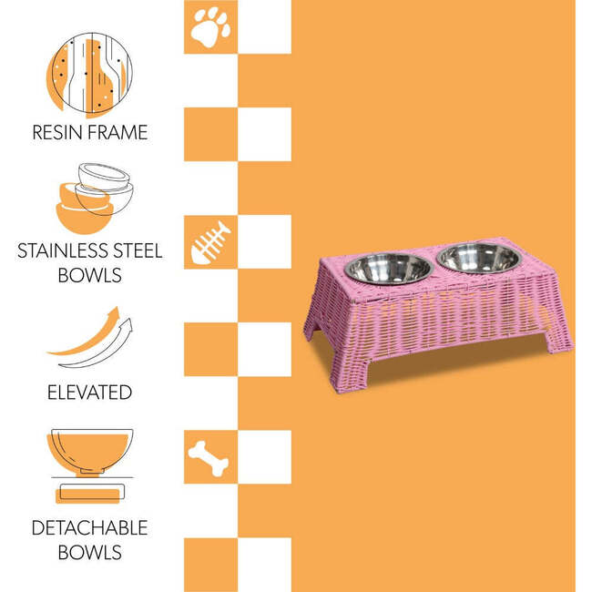 Serenity 6.9" Elevated Wicker Pet Feeder with 18oz (2.2 Cups) 2-Stainless Steel Bowls, Pink - Pet Bowls & Feeders - 4