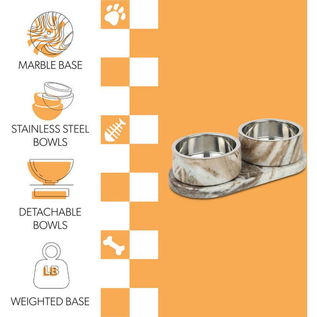 Marbre Modern Weighted Double Marble and Stainless Steel Bowl 12oz (1.5 Cups) Feeder with Non-Slip Marble Tray Set, Beige/Gray - Pet Bowls & Feeders - 4