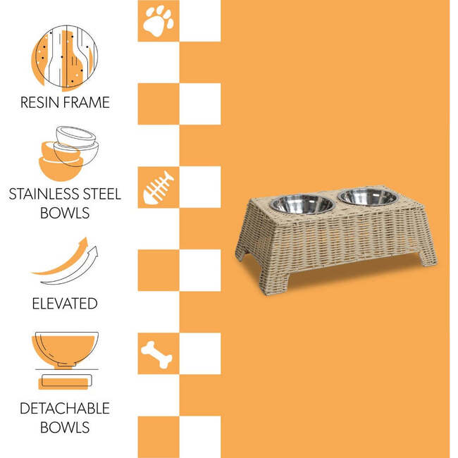 Serenity 6.9" Elevated Wicker Pet Feeder with 18oz (2.2 Cups) 2-Stainless Steel Bowls, Almond - Pet Bowls & Feeders - 4