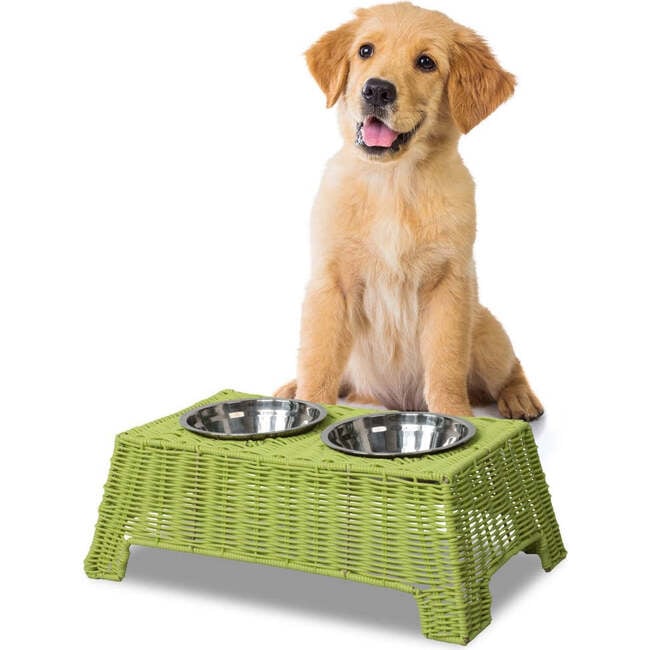 Serenity 6.9" Elevated Wicker Pet Feeder with 18oz (2.2 Cups) 2-Stainless Steel Bowls, Light Green - Pet Bowls & Feeders - 3