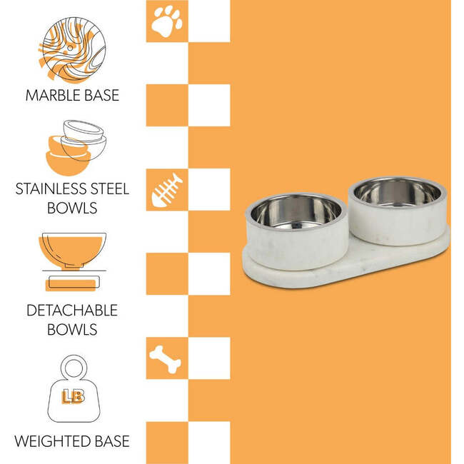 Marbre Modern Weighted Double Marble and Stainless Steel Bowl 12oz (1.5 Cups) Feeder with Non-Slip Marble Tray Set, White - Pet Bowls & Feeders - 4