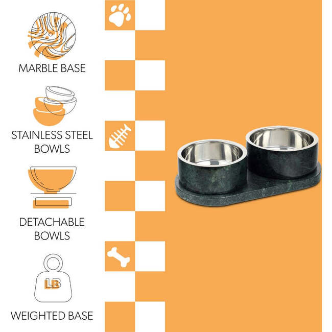 Marbre Modern Weighted Double Marble and Stainless Steel Bowl 12oz (1.5 Cups) Feeder with Non-Slip Marble Tray Set, Green - Pet Bowls & Feeders - 4