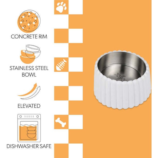Ripple Ridge Slanted Concrete and Stainless Steel Bowl 16oz (2 Cups) Pet Feeder, White - Pet Bowls & Feeders - 4