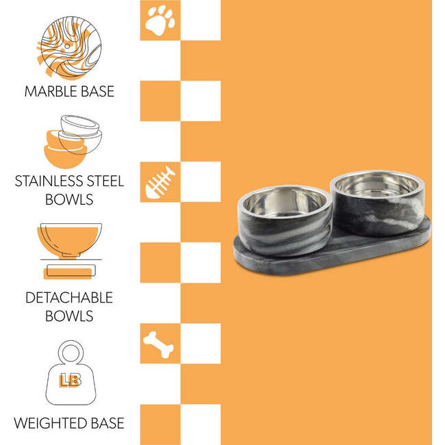 Marbre Modern Weighted Double Marble and Stainless Steel Bowl 12oz (1.5 Cups) Feeder with Non-Slip Marble Tray Set, Black/White - Pet Bowls & Feeders - 4