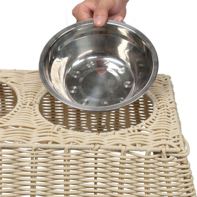 Serenity 6.9" Elevated Wicker Pet Feeder with 18oz (2.2 Cups) 2-Stainless Steel Bowls, Almond - Pet Bowls & Feeders - 5