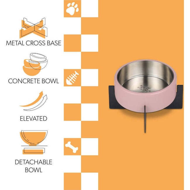 Intersecta Concrete and Stainless Steel Bowl 16oz (2 Cups) with Metal Stand Pet Feeder, Pink/Black - Pet Bowls & Feeders - 4