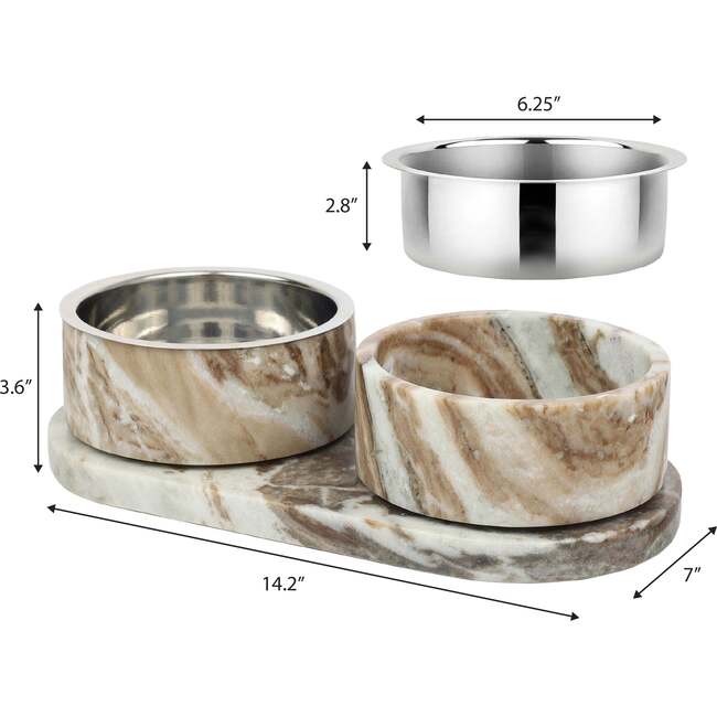 Marbre Modern Weighted Double Marble and Stainless Steel Bowl 12oz (1.5 Cups) Feeder with Non-Slip Marble Tray Set, Beige/Gray - Pet Bowls & Feeders - 5