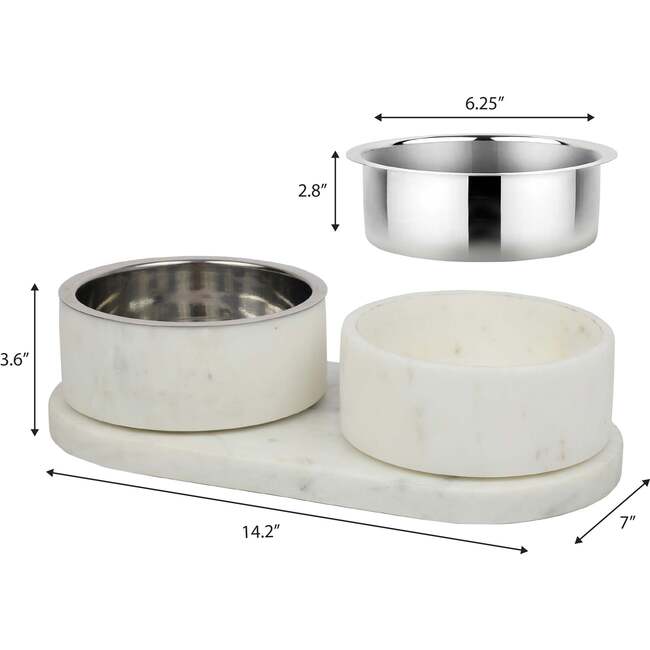 Marbre Modern Weighted Double Marble and Stainless Steel Bowl 12oz (1.5 Cups) Feeder with Non-Slip Marble Tray Set, White - Pet Bowls & Feeders - 5