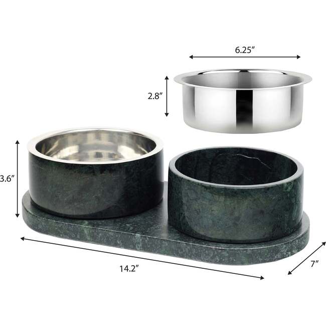 Marbre Modern Weighted Double Marble and Stainless Steel Bowl 12oz (1.5 Cups) Feeder with Non-Slip Marble Tray Set, Green - Pet Bowls & Feeders - 5