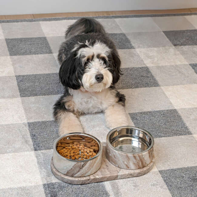 Marbre Modern Weighted Double Marble and Stainless Steel Bowl 12oz (1.5 Cups) Feeder with Non-Slip Marble Tray Set, Gray/Brown - Pet Bowls & Feeders - 7
