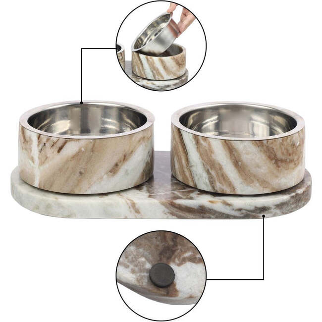 Marbre Modern Weighted Double Marble and Stainless Steel Bowl 12oz (1.5 Cups) Feeder with Non-Slip Marble Tray Set, Beige/Gray - Pet Bowls & Feeders - 6