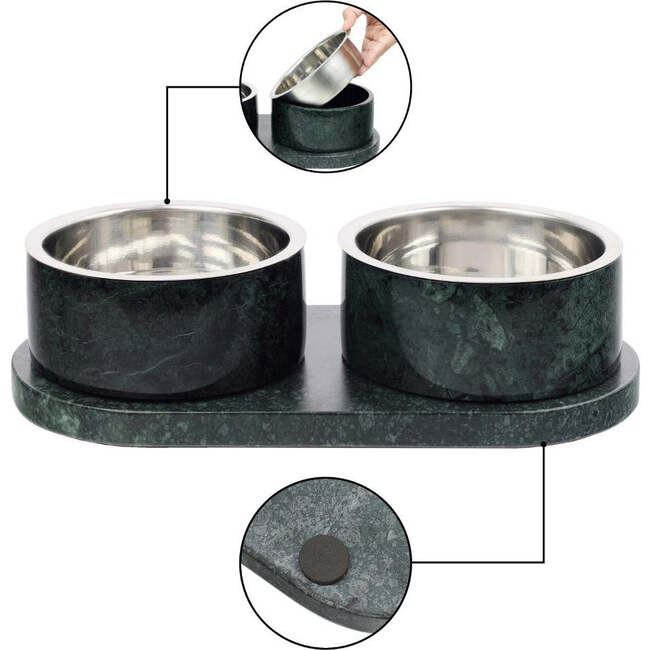 Marbre Modern Weighted Double Marble and Stainless Steel Bowl 12oz (1.5 Cups) Feeder with Non-Slip Marble Tray Set, Green - Pet Bowls & Feeders - 6