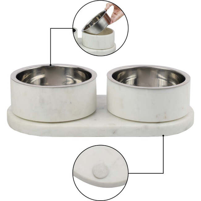 Marbre Modern Weighted Double Marble and Stainless Steel Bowl 12oz (1.5 Cups) Feeder with Non-Slip Marble Tray Set, White - Pet Bowls & Feeders - 6