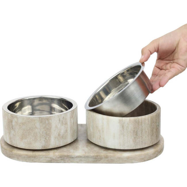 Marbre Modern Weighted Double Marble and Stainless Steel Bowl 12oz (1.5 Cups) Feeder with Non-Slip Marble Tray Set, Gray/Brown - Pet Bowls & Feeders - 8