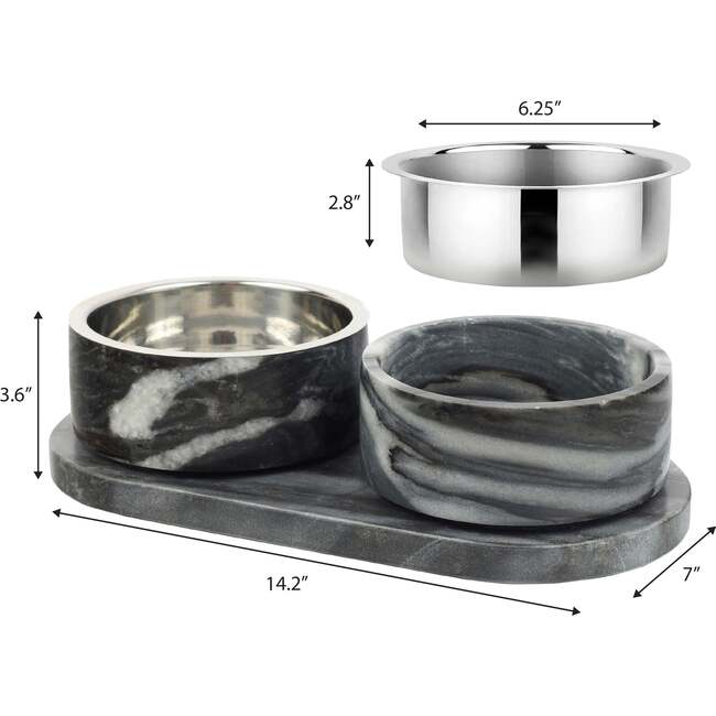 Marbre Modern Weighted Double Marble and Stainless Steel Bowl 12oz (1.5 Cups) Feeder with Non-Slip Marble Tray Set, Black/White - Pet Bowls & Feeders - 5
