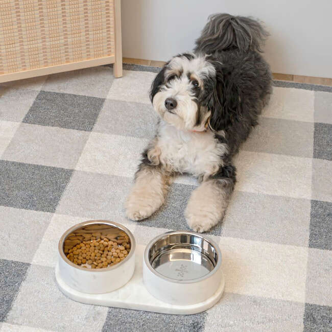 Marbre Modern Weighted Double Marble and Stainless Steel Bowl 12oz (1.5 Cups) Feeder with Non-Slip Marble Tray Set, White - Pet Bowls & Feeders - 7