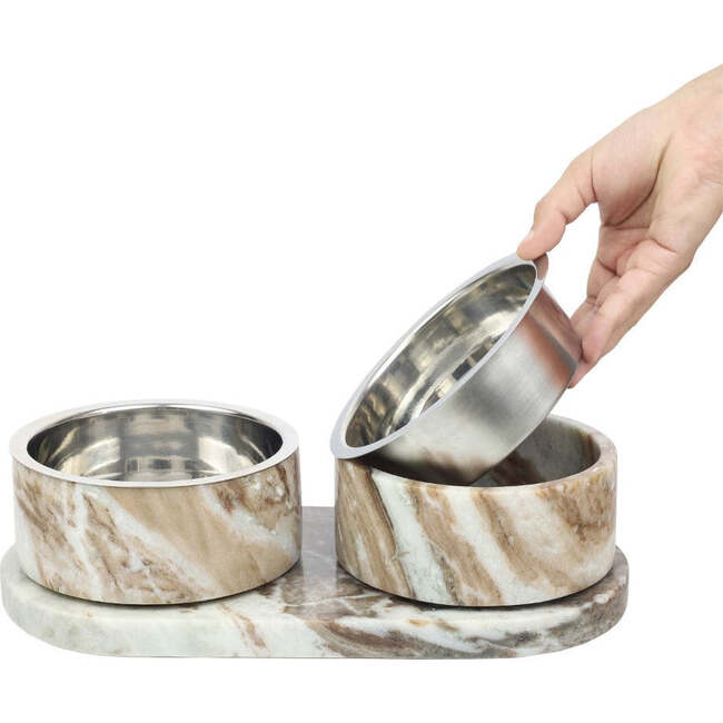 Marbre Modern Weighted Double Marble and Stainless Steel Bowl 12oz (1.5 Cups) Feeder with Non-Slip Marble Tray Set, Beige/Gray - Pet Bowls & Feeders - 8