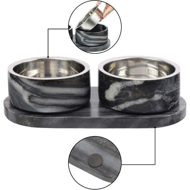 Marbre Modern Weighted Double Marble and Stainless Steel Bowl 12oz (1.5 Cups) Feeder with Non-Slip Marble Tray Set, Black/White - Pet Bowls & Feeders - 6