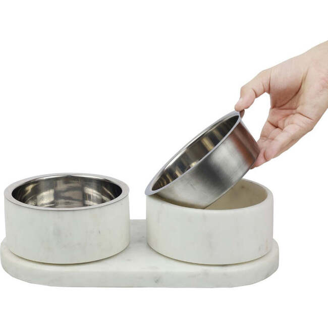 Marbre Modern Weighted Double Marble and Stainless Steel Bowl 12oz (1.5 Cups) Feeder with Non-Slip Marble Tray Set, White - Pet Bowls & Feeders - 8
