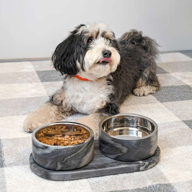 Marbre Modern Weighted Double Marble and Stainless Steel Bowl 12oz (1.5 Cups) Feeder with Non-Slip Marble Tray Set, Black/White - Pet Bowls & Feeders - 7