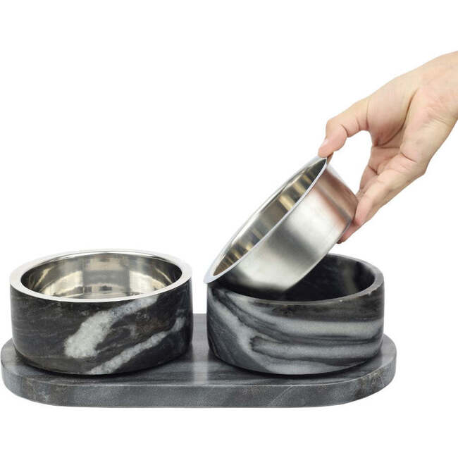 Marbre Modern Weighted Double Marble and Stainless Steel Bowl 12oz (1.5 Cups) Feeder with Non-Slip Marble Tray Set, Black/White - Pet Bowls & Feeders - 8