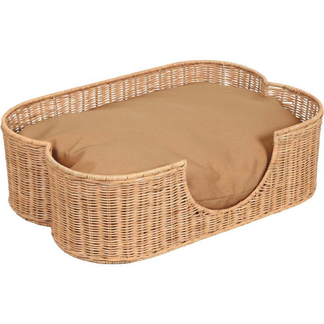 Scallop Tropical Handwoven Water Hyacinth Pet Bed with Machine Washable Cushion, Light Brown