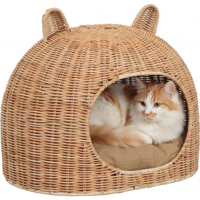 Cat Ear 20" x 14.5" Coastal Handwoven Water Hyacinth Pet Bed with Machine-Washable Cushion, Light Brown - Pet Beds - 3