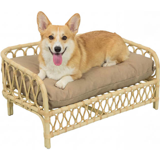 Elevated 27.5" x 17" Bohemian Handwoven Rattan Pet Daybed with Machine-Washable Cushion, Light Brown - Pet Beds - 3