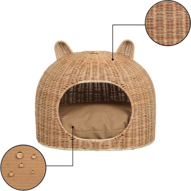 Cat Ear 20" x 14.5" Coastal Handwoven Water Hyacinth Pet Bed with Machine-Washable Cushion, Light Brown - Pet Beds - 6