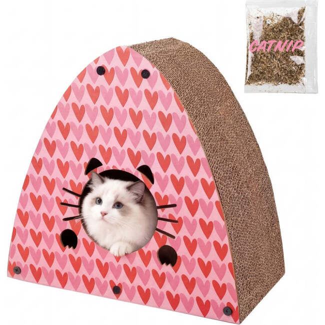 Koko 19" Modern Cardboard Triangle Cat Cave Scratcher with Catnip, Pink/Red