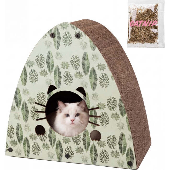 Koko 19" Modern Cardboard Triangle Cat Cave Scratcher with Catnip, Mint/Green