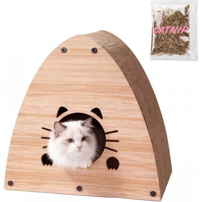 Koko 19" Modern Cardboard Triangle Cat Cave Scratcher with Catnip, Brown Wood Pattern