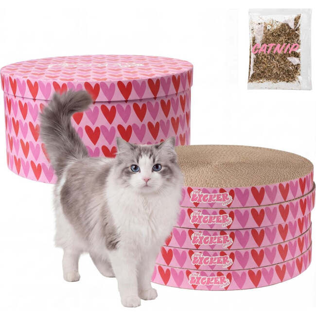 Kate 12" Modern Patterned Cardboard Reversible Cat Scratcher Pad In Box with Catnip, Hearty Pink/Red (5-Pack)