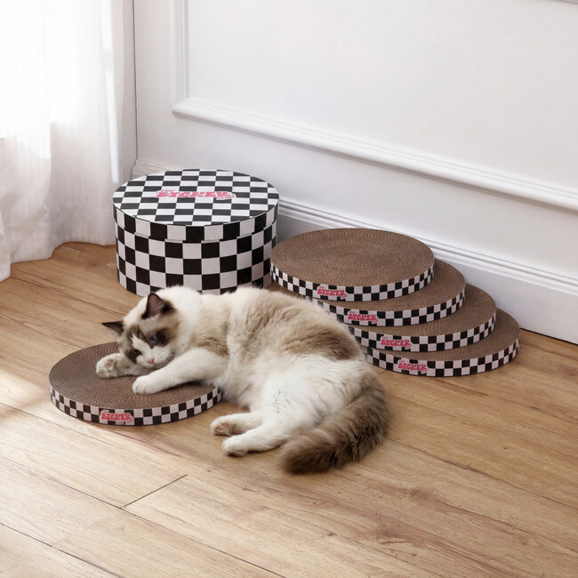 Kate 12" Modern Patterned Cardboard Reversible Cat Scratcher Pad In Box with Catnip, Cat Green (5-Pack)