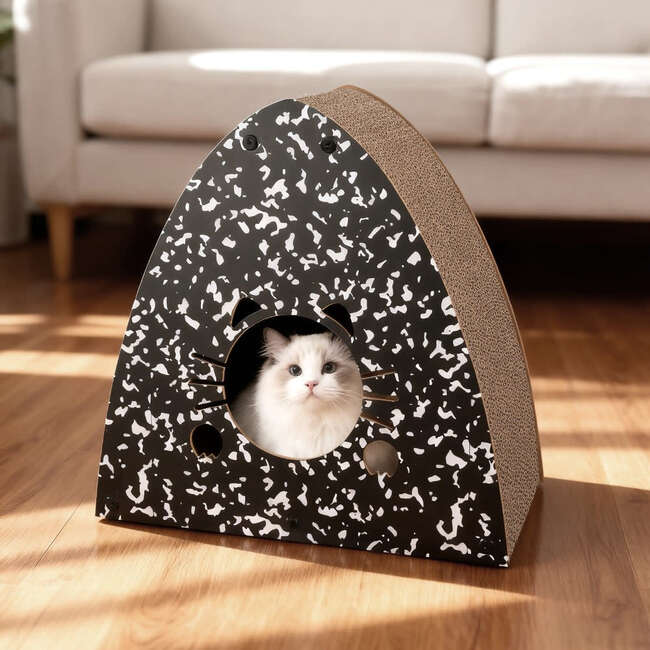 Koko 19" Modern Cardboard Triangle Cat Cave Scratcher with Catnip, Black/White