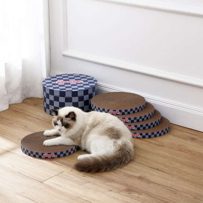 Kate 12" Modern Patterned Cardboard Reversible Cat Scratcher Pad In Box with Catnip, Checker Navy/Blue (5-Pack)