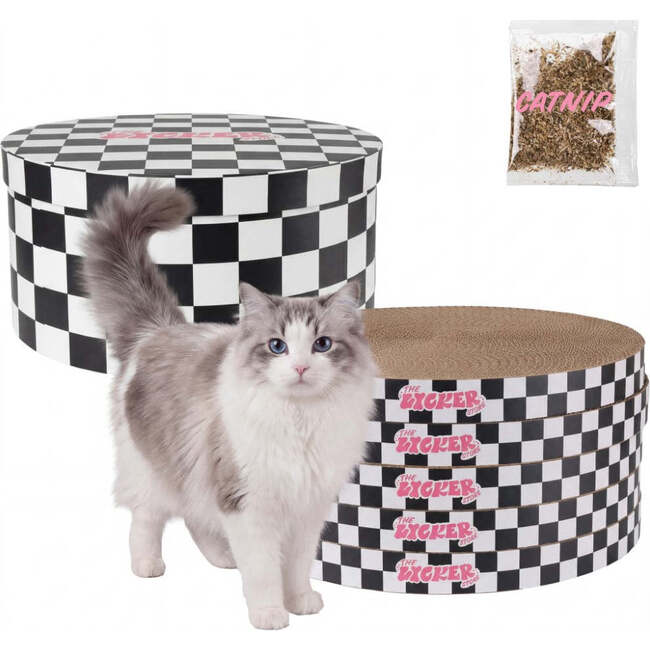 Kate 12" Modern Patterned Cardboard Reversible Cat Scratcher Pad In Box with Catnip, Checker Black/White (5-Pack)