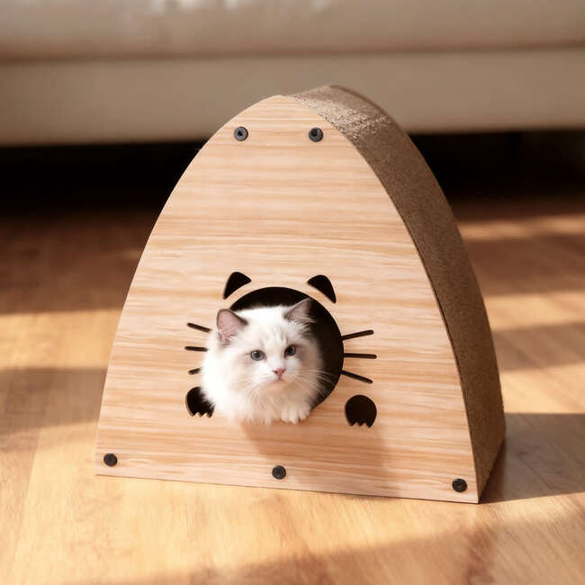 Koko 19" Modern Cardboard Triangle Cat Cave Scratcher with Catnip, Brown Wood Pattern