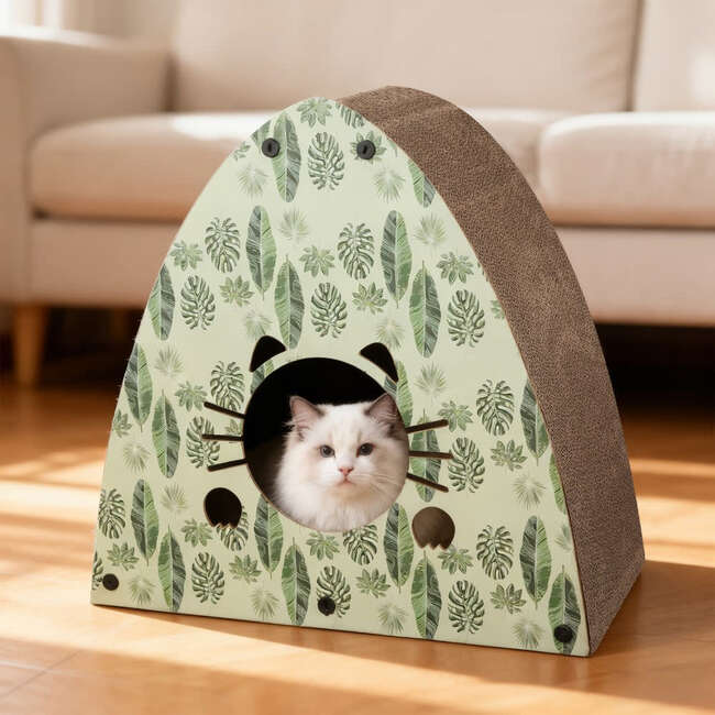 Koko 19" Modern Cardboard Triangle Cat Cave Scratcher with Catnip, Mint/Green