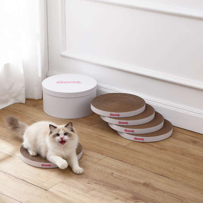 Kate 12" Modern Patterned Cardboard Reversible Cat Scratcher Pad In Box with Catnip, Plain White (5-Pack)