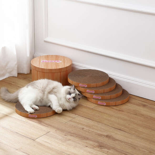 Kate 12" Modern Patterned Cardboard Reversible Cat Scratcher Pad In Box with Catnip, Brown Wood Grain Finish (5-Pack)