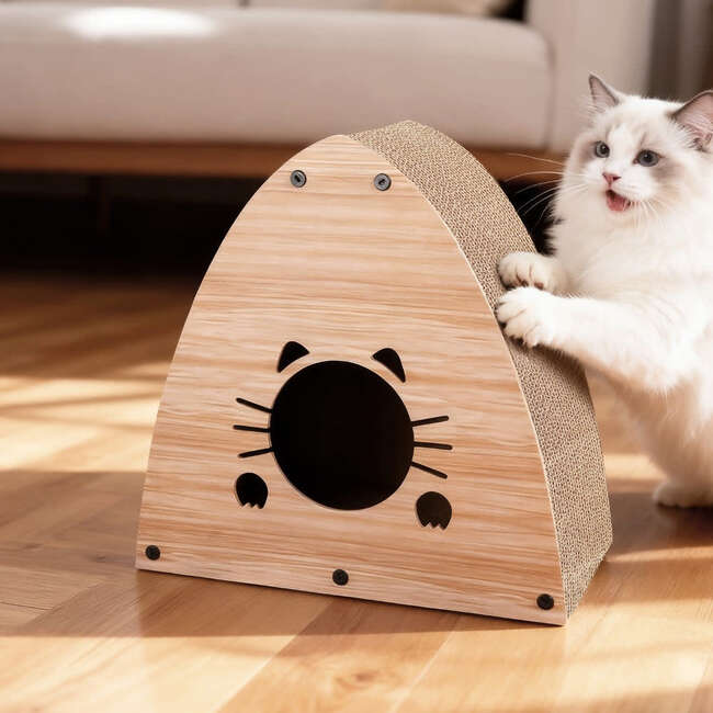 Koko 19" Modern Cardboard Triangle Cat Cave Scratcher with Catnip, Brown Wood Pattern - Pet Accessories - 3