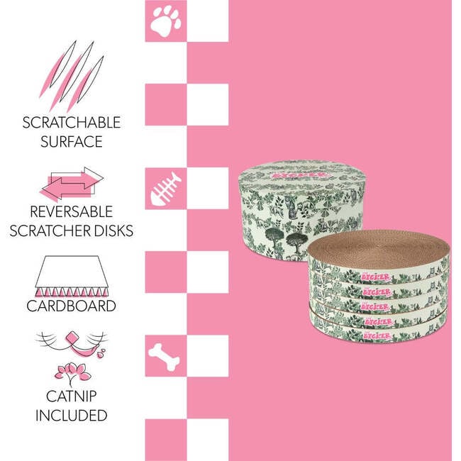 Kate 12" Modern Patterned Cardboard Reversible Cat Scratcher Pad In Box with Catnip, Cat Green (5-Pack) - Pet Accessories - 4