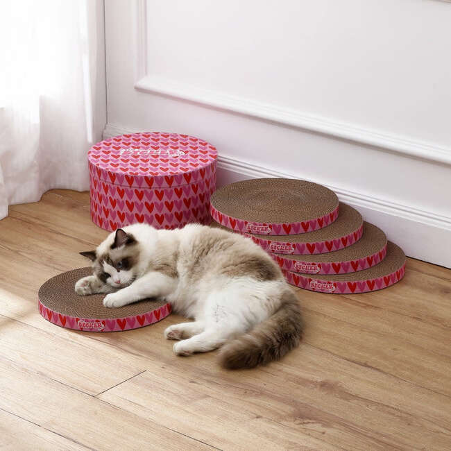 Kate 12" Modern Patterned Cardboard Reversible Cat Scratcher Pad In Box with Catnip, Hearty Pink/Red (5-Pack)