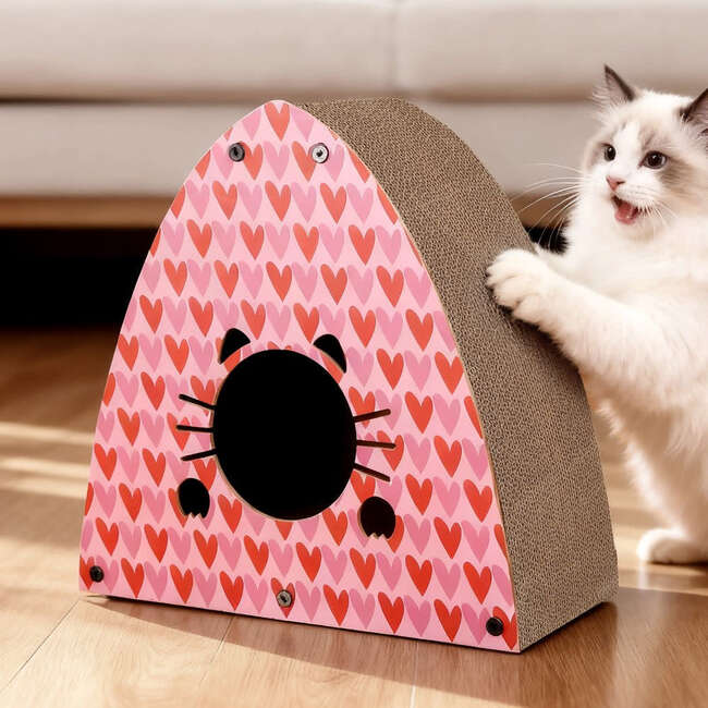 Koko 19" Modern Cardboard Triangle Cat Cave Scratcher with Catnip, Pink/Red - Pet Accessories - 3
