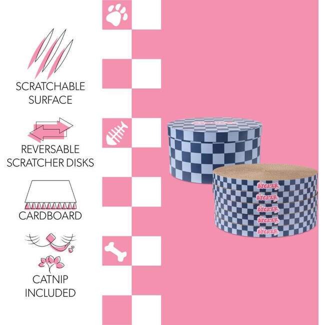 Kate 12" Modern Patterned Cardboard Reversible Cat Scratcher Pad In Box with Catnip, Checker Navy/Blue (5-Pack) - Pet Accessories - 4