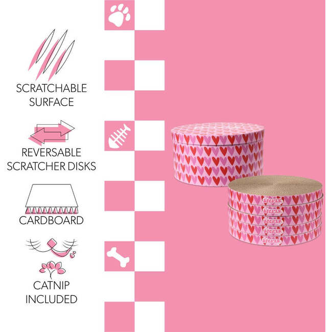 Kate 12" Modern Patterned Cardboard Reversible Cat Scratcher Pad In Box with Catnip, Hearty Pink/Red (5-Pack) - Pet Accessories - 4